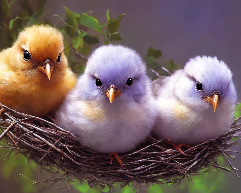 Colorful Fluffy Chicks in Nest: Yellow and Purple Feathers