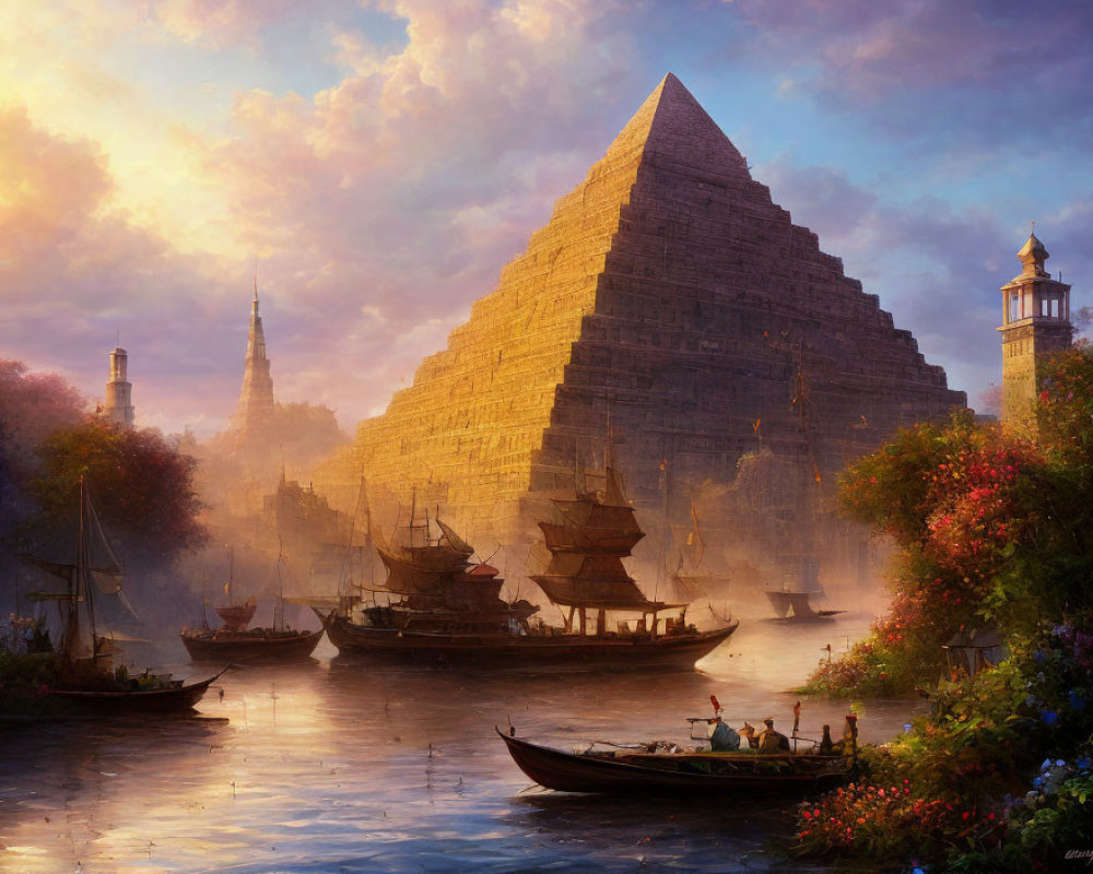 River scene with boats, pyramid, sunset, foliage, and spires