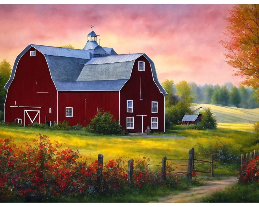 Vibrant sunset sky over picturesque red barn in lush field