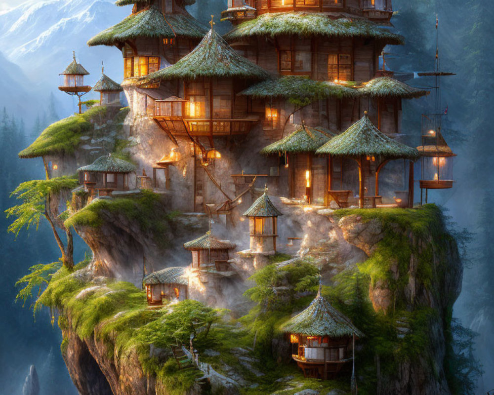 Ancient multi-tiered pagoda on misty cliffside with lanterns and mountain backdrop
