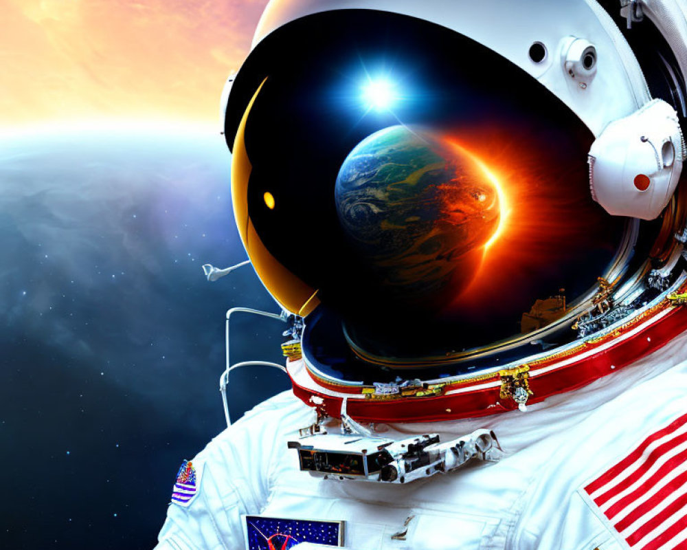 Astronaut in space suit with Earth reflection and sun backdrop