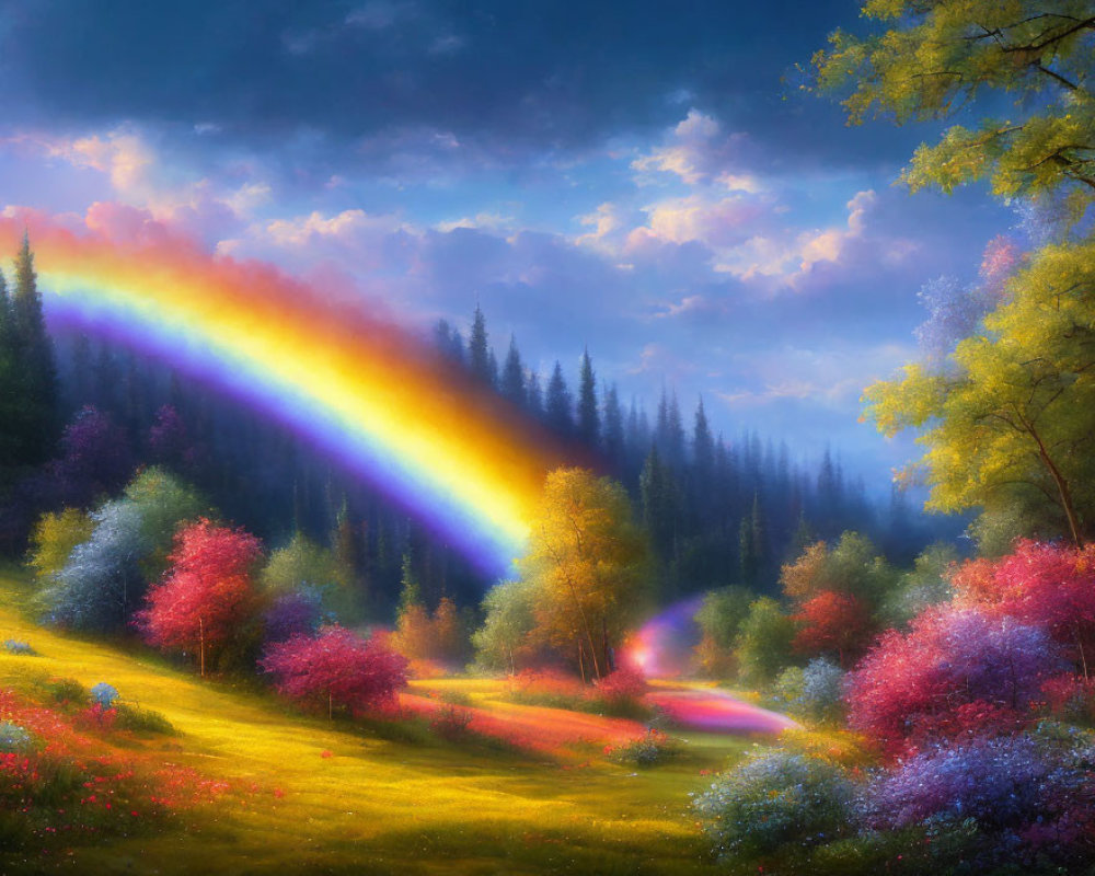 Colorful Forest Painting with Rainbow Over Meadow