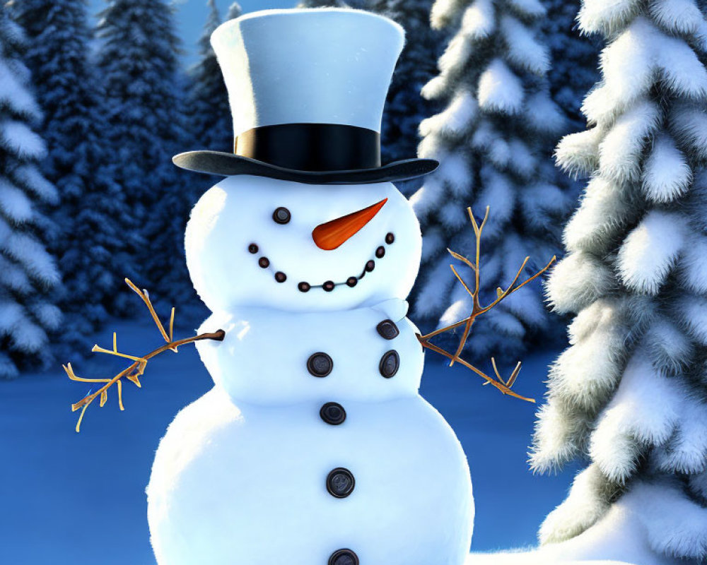 Cheerful snowman with top hat and carrot nose in snowy pine tree scene