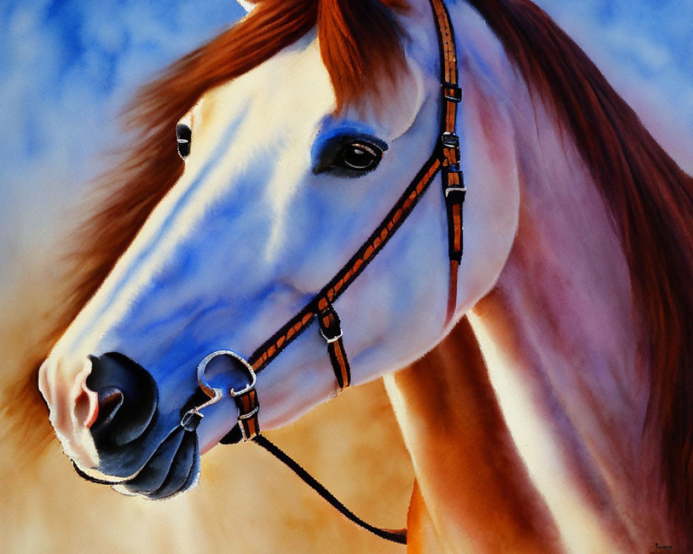 Realistic brown horse painting with white blaze and detailed harness