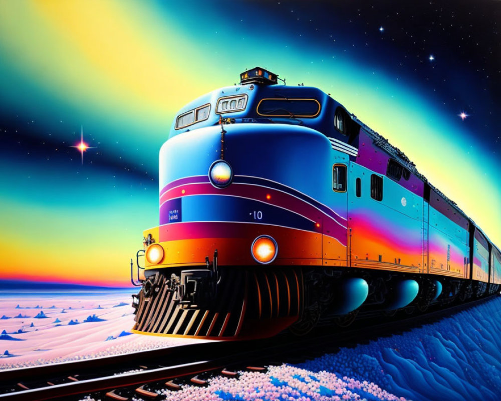 Colorful illustration: classic train on tracks at dusk with starry sky & sunset gradient.