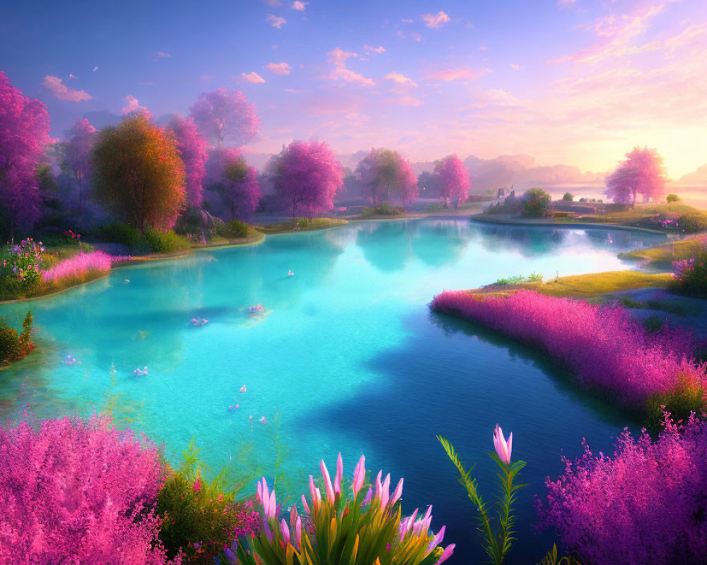 Tranquil Landscape: Turquoise Lake, Lush Trees, Pink Flowers