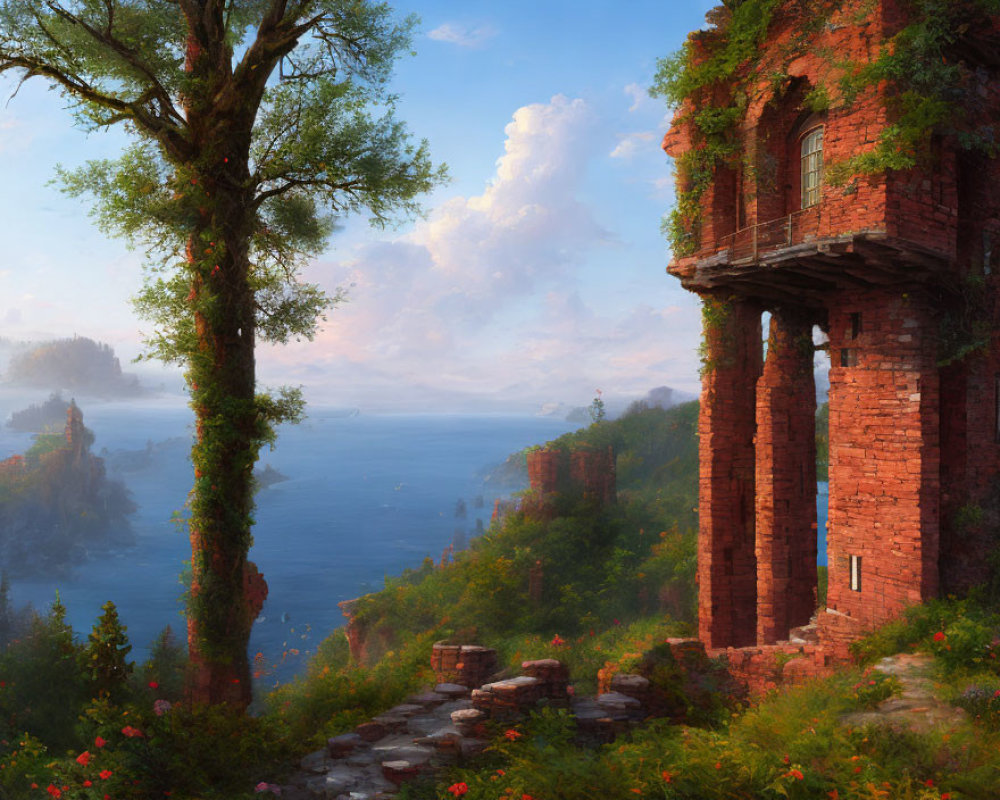 Tranquil landscape with ivy-covered tower, misty lake, cliffs, and lush greenery