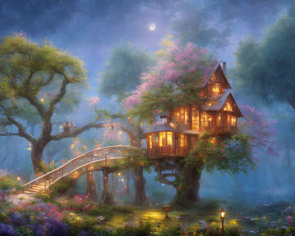 Glowing treehouse in blooming forest under moonlit sky