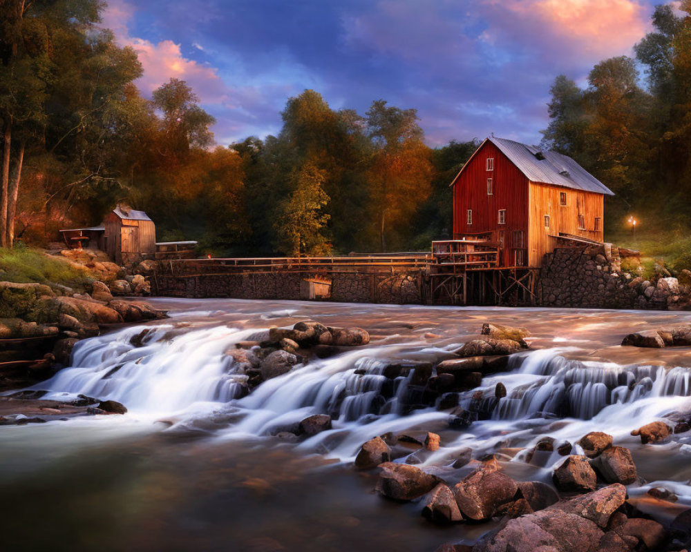 Tranquil Waterfall Scene with Red Mill House at Twilight