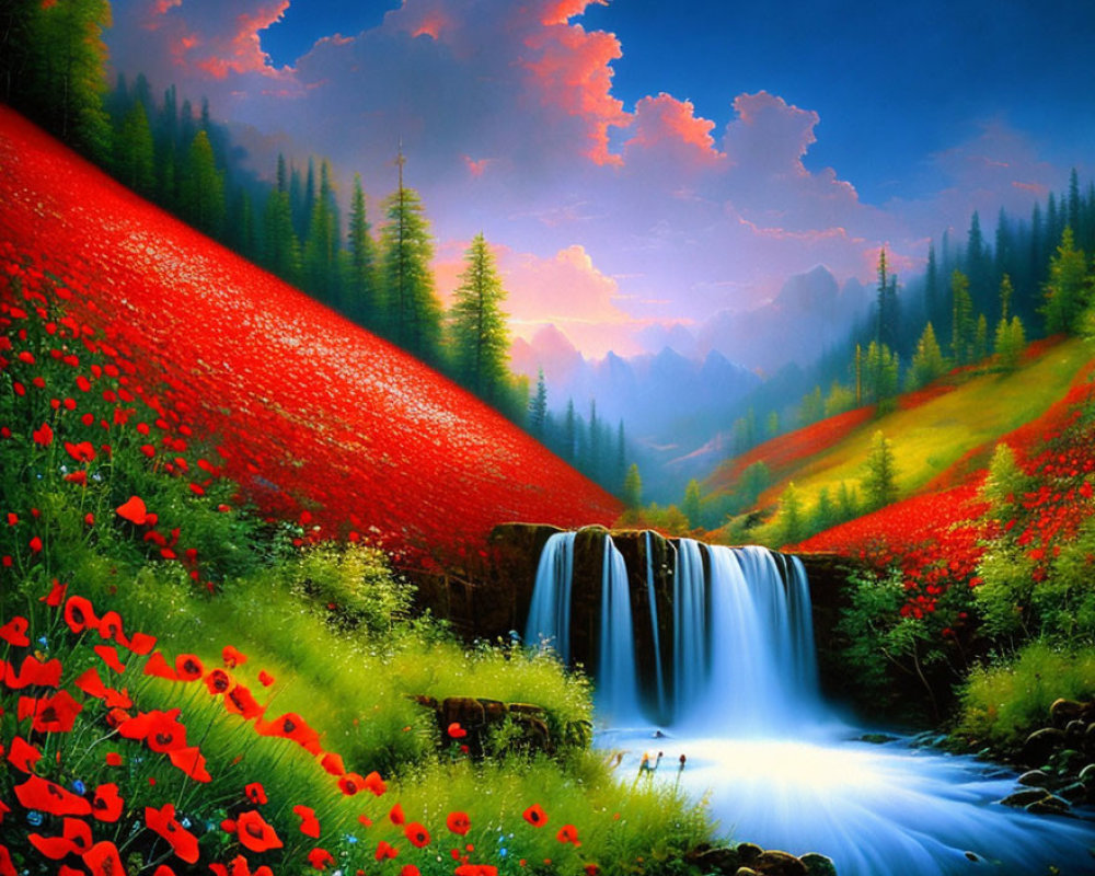Scenic landscape with waterfall, poppy field, greenery, mountains, sunset sky
