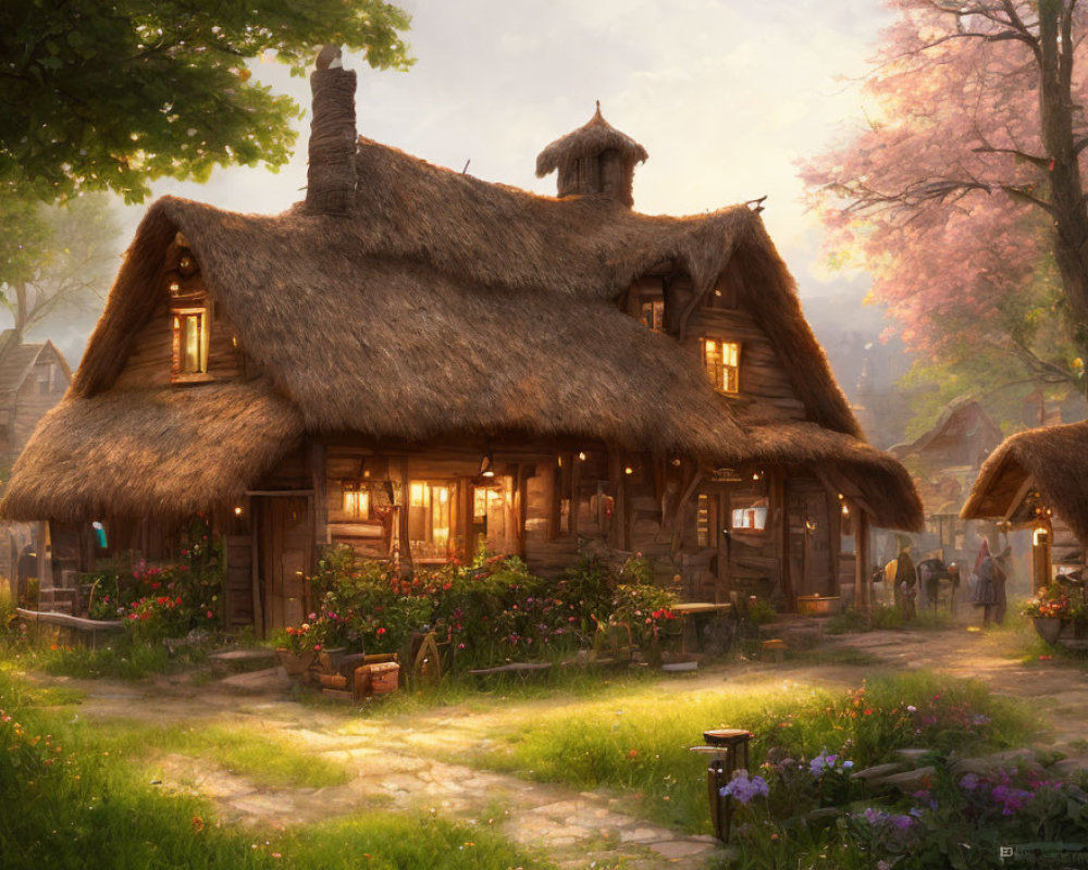 Thatched Cottage in Serene Village with Lush Gardens at Dusk