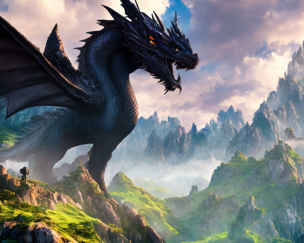 Black dragon perched on rocky outcrop in misty mountain landscape