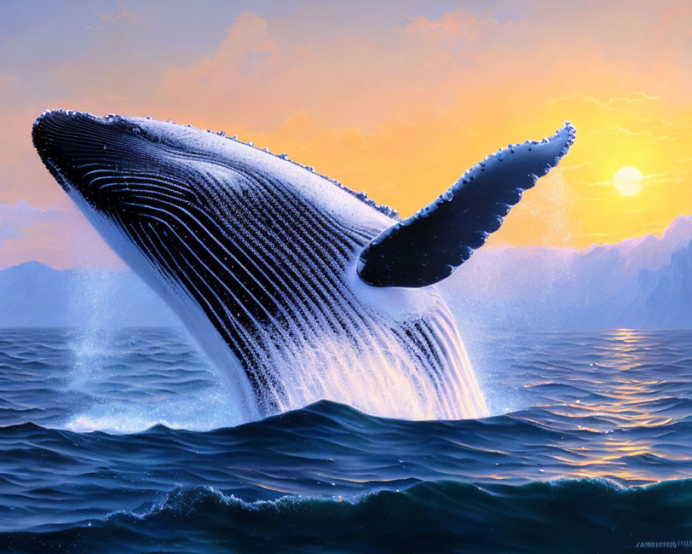 Humpback whale breaching at sunset with water cascading off against mountain backdrop