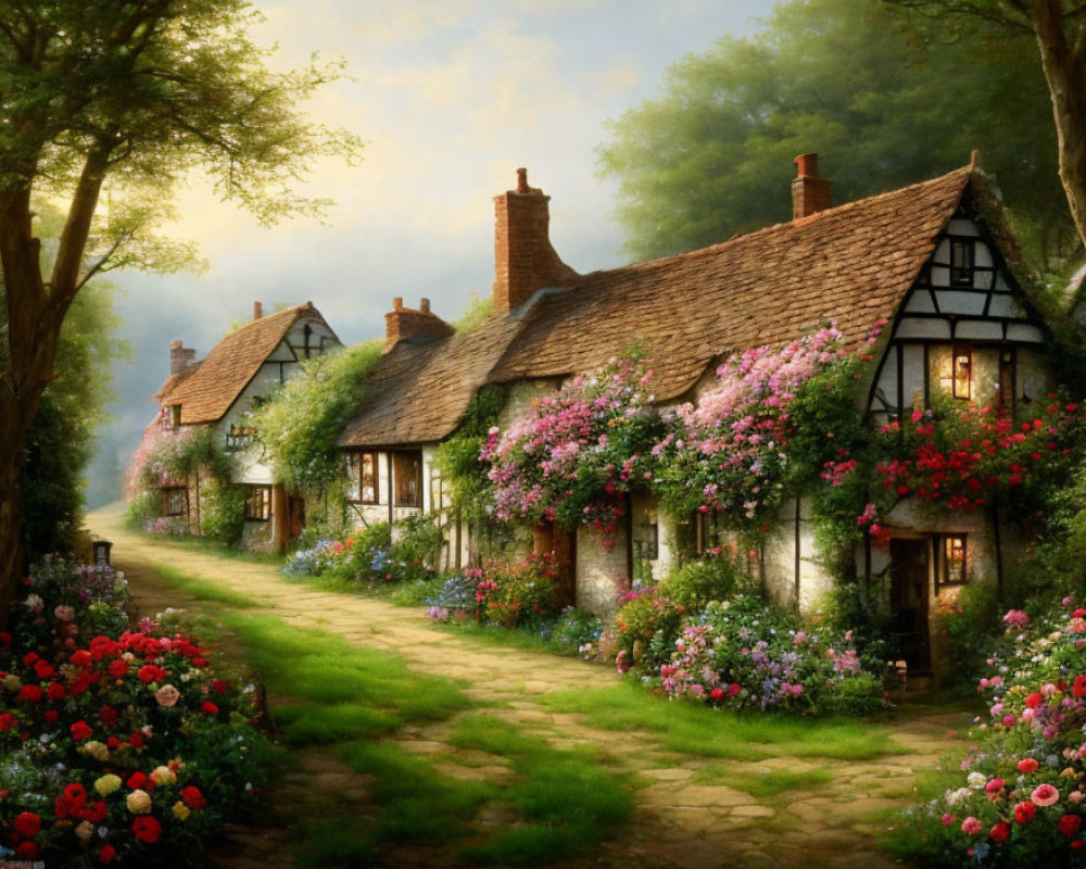 Thatched-Roof Cottages Surrounded by Colorful Flowers in Lush Landscape
