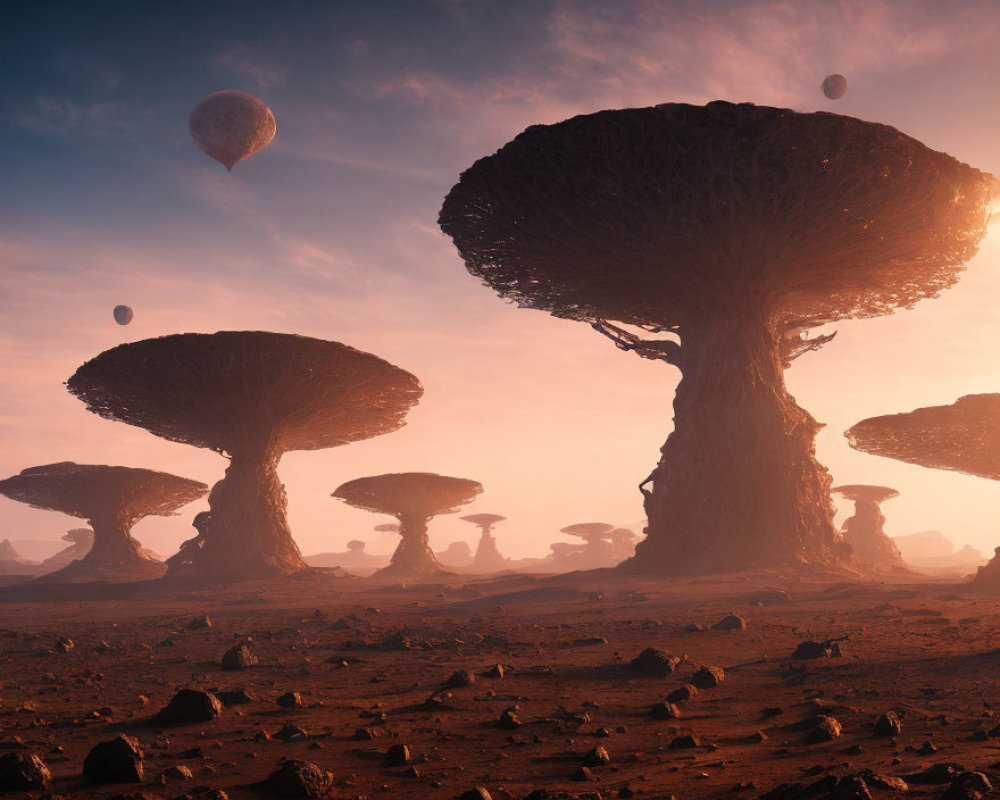 Barren surreal landscape with giant mushroom structures under hazy sky