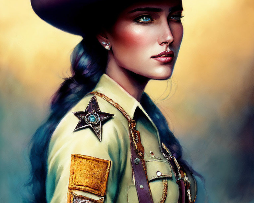 Western sheriff woman digital painting in warm tones