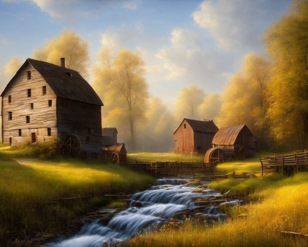 Tranquil rural landscape with old wooden mill by flowing stream