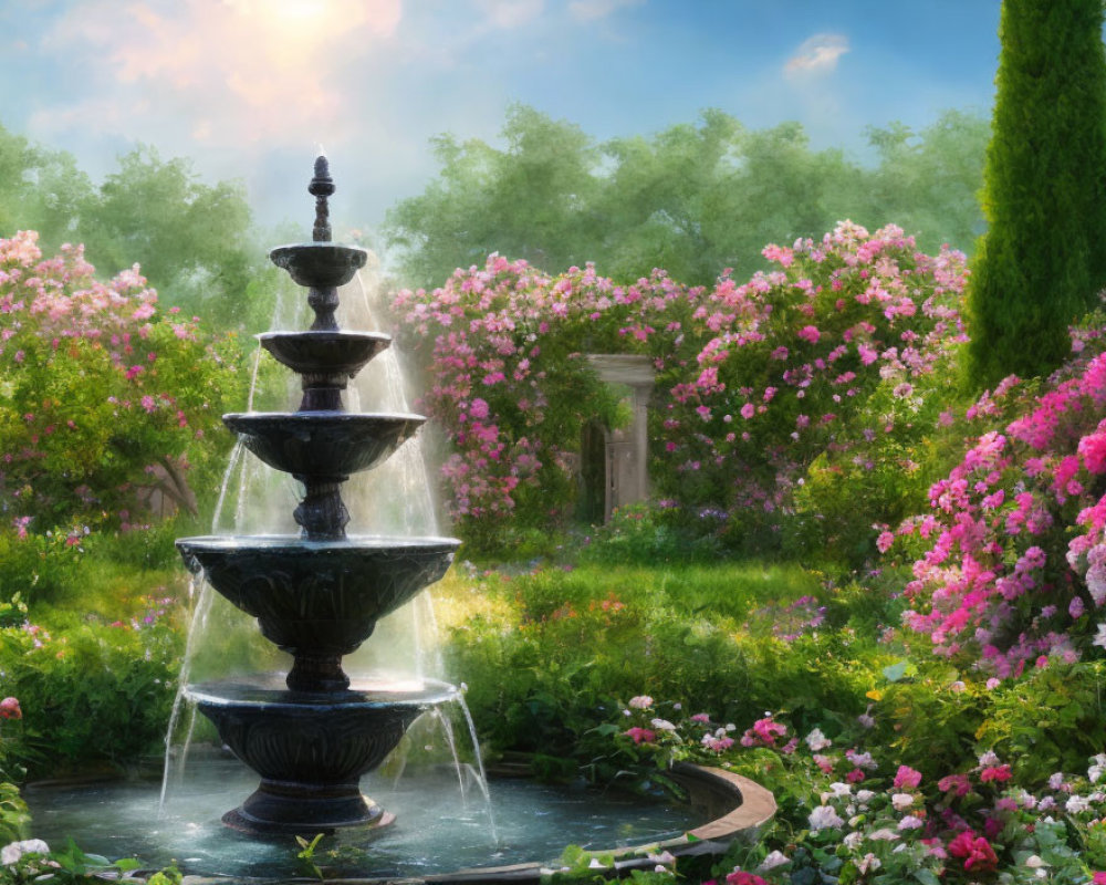 Tranquil garden scene with multi-tiered fountain and blooming flowers