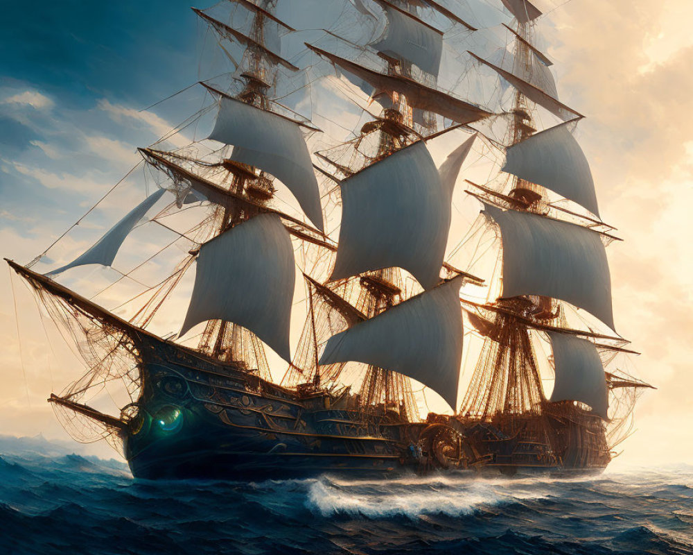 Sailing ship with white sails on wavy ocean at sunset