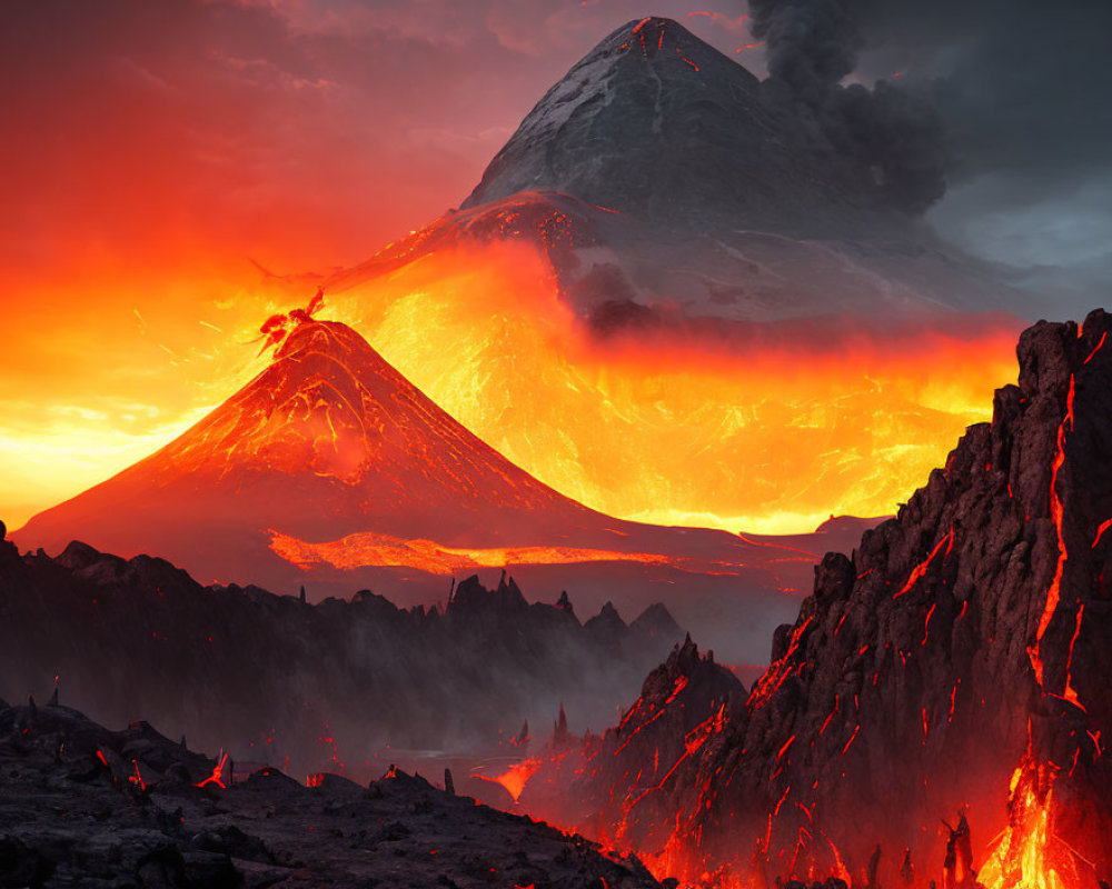 Dramatic volcanic eruption at twilight with flowing lava and ash cloud.