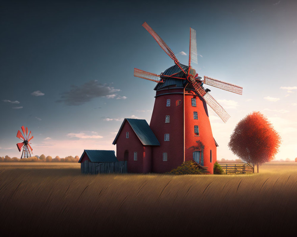 Rustic red windmill spinning in golden field at sunset, with smaller windmill and vibrant autumn