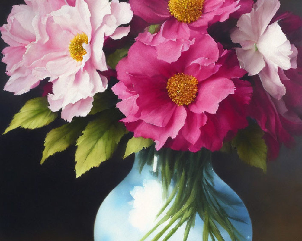 Pink peonies in blue vase on dark background with fallen petal