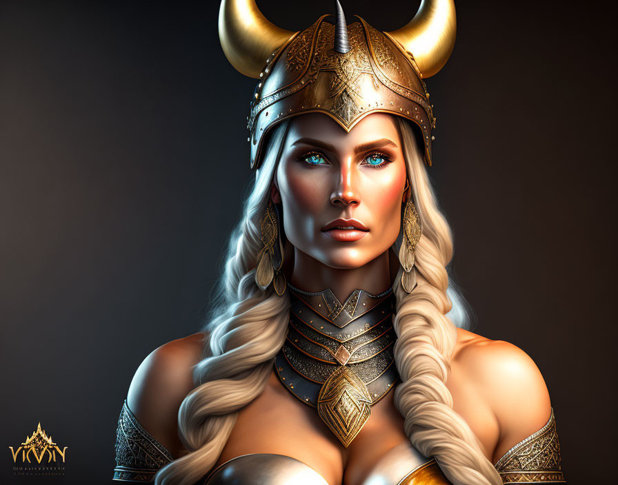 Illustration: Woman with blue eyes, blond hair, golden horned helmet, and armor