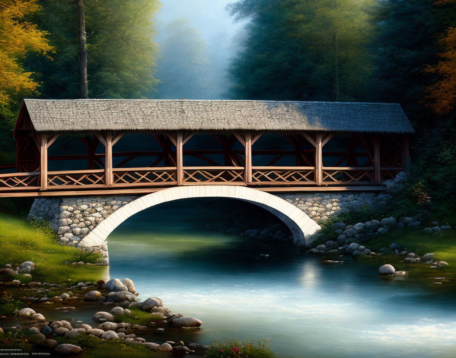 Stone bridge with wooden roof in misty forest scene.
