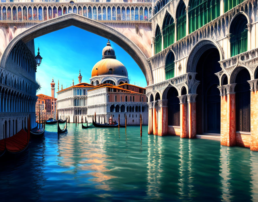 Colorful Venice Scene with Gondolas, Ornate Buildings, and Arched Bridge