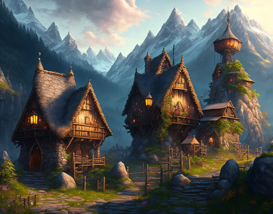 Scenic fantasy village with thatched cottages, wooden bridge, and mountain backdrop at sunset