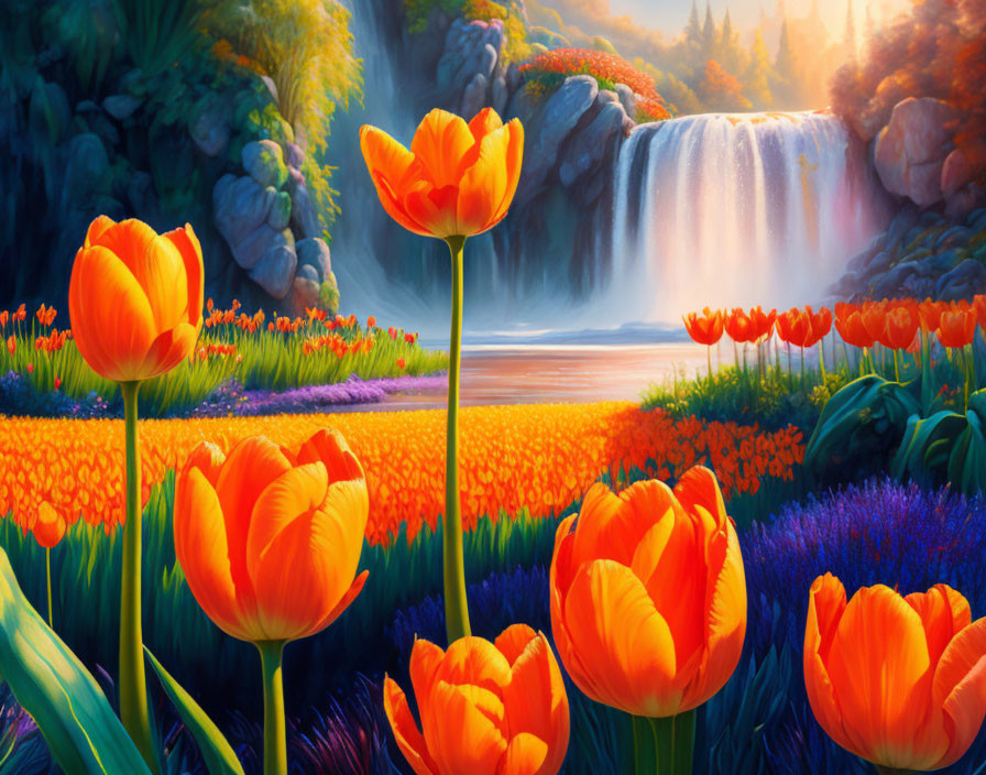 Orange Tulips and a Waterfall