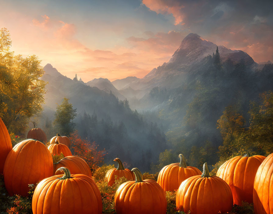 Autumn Sunrise Landscape with Pumpkins and Misty Mountains
