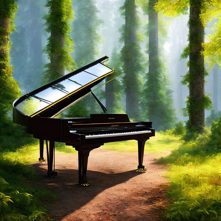 Grand Piano in Sunlit Forest Clearing with Tall Green Trees