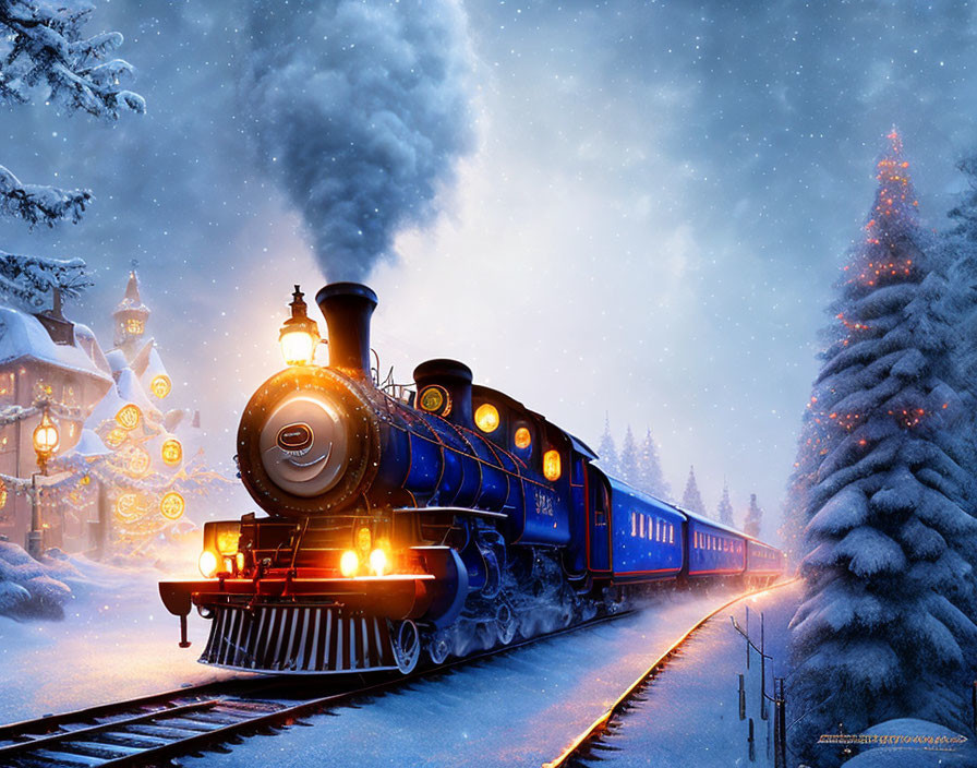 Vintage Blue Steam Locomotive in Snowy Festive Night Landscape