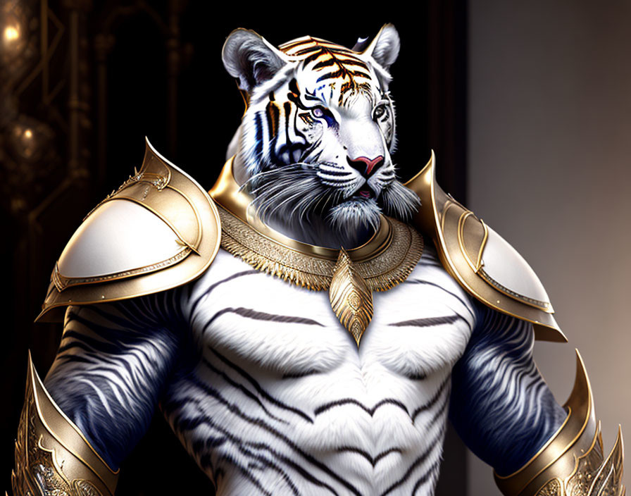 White tiger in golden armor against luxurious backdrop