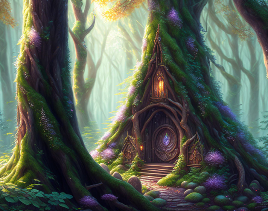 Mystical treehouse in enchanted forest with glowing windows