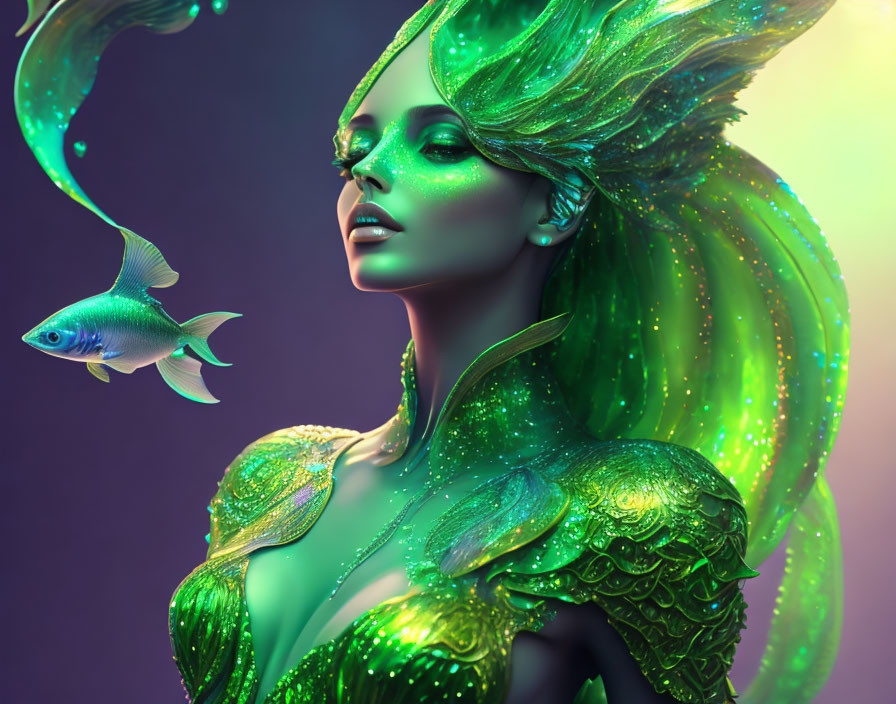 Fantasy illustration of woman with green skin and seaweed-like hair.
