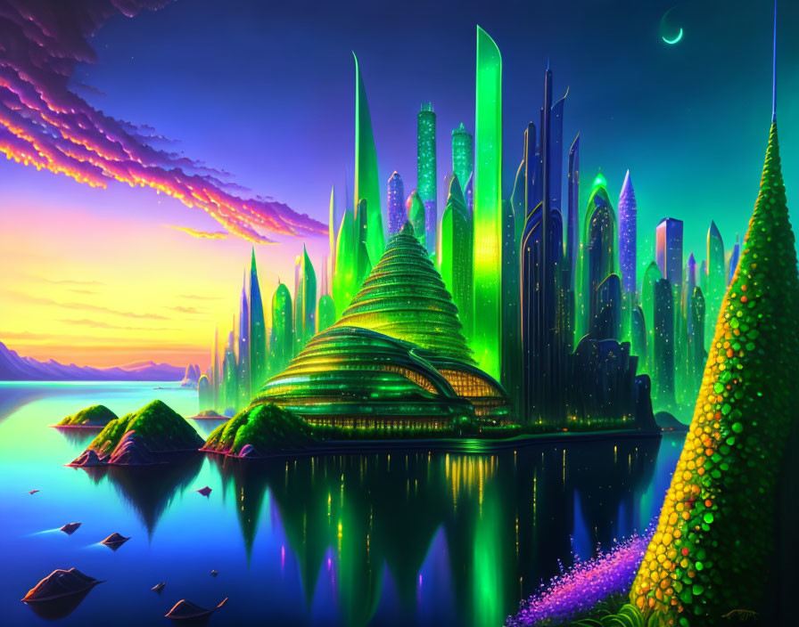 Futuristic cityscape digital artwork with green buildings and crescent moon