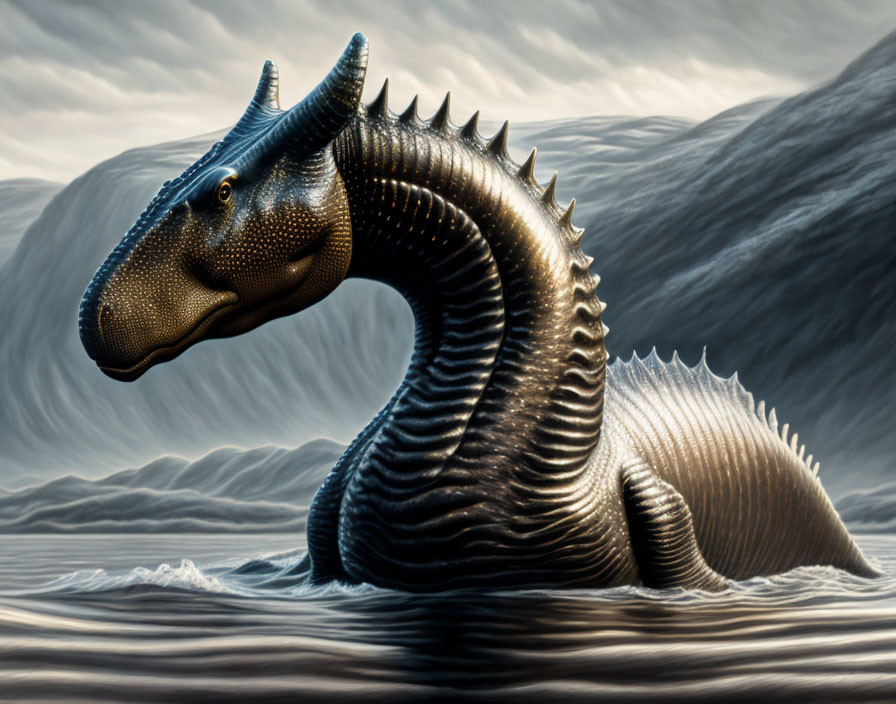 Mythical sea serpent or dragon with scales, spines, and horned head in digital artwork