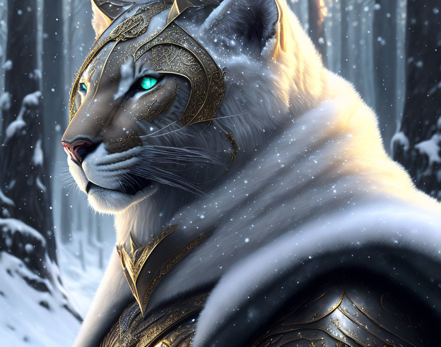 White Lion with Blue Eyes in Gold Armor Amid Snowy Forest