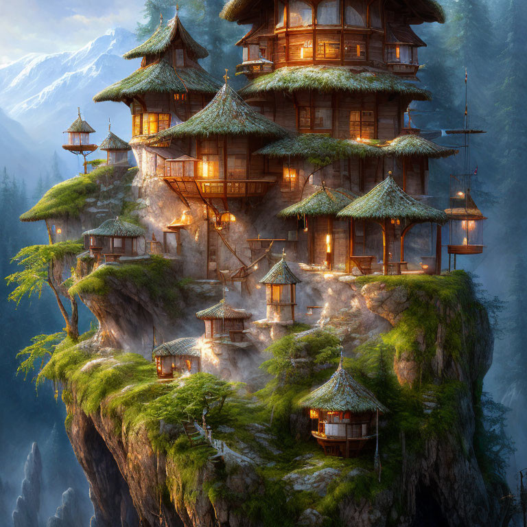 Ancient multi-tiered pagoda on misty cliffside with lanterns and mountain backdrop