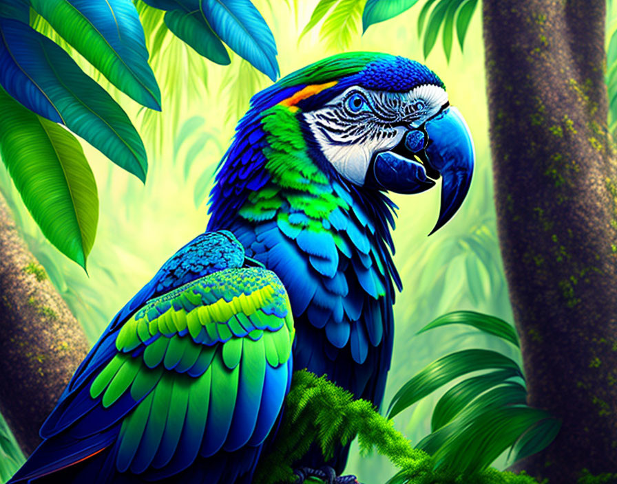 Colorful Macaw with Blue and Green Feathers in Tropical Forest Setting