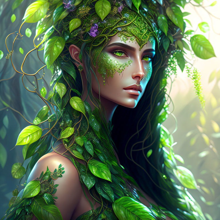 Fantasy female figure with green leafy headpiece and vine makeup