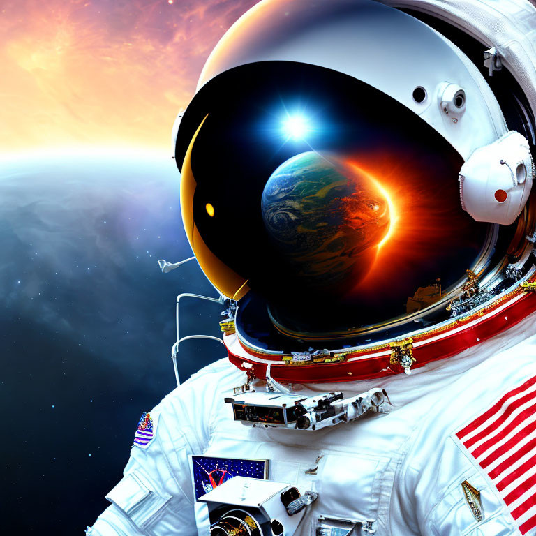 Astronaut in space suit with Earth reflection and sun backdrop