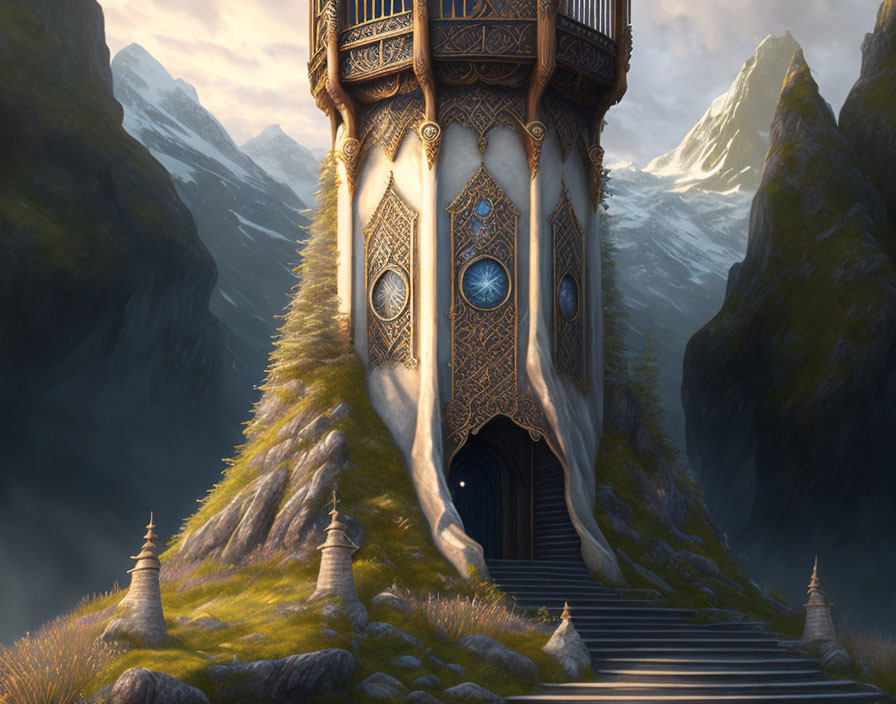 Intricate Tower Among Mountains with Staircase and Circular Windows