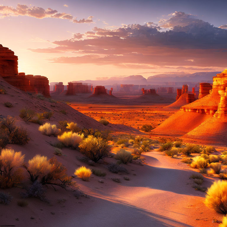 Desert landscape with rock formations under glowing sunset sky