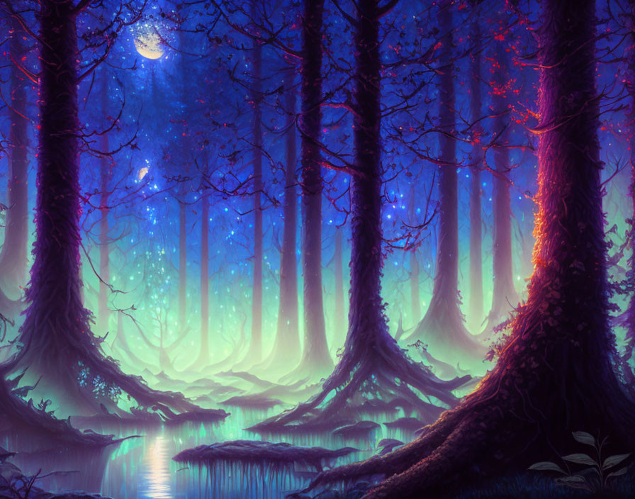 Majestic forest at night with glowing aurora, moon, luminescent flora, serene pond