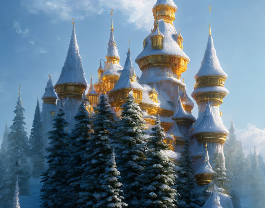 Snow-covered fairytale castle with golden spires in enchanting winter scene