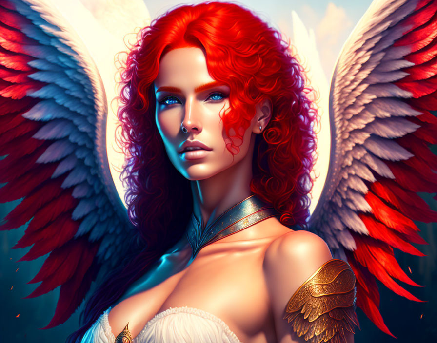 Vibrant digital artwork: Woman with red hair and wings, detailed clothing and armor