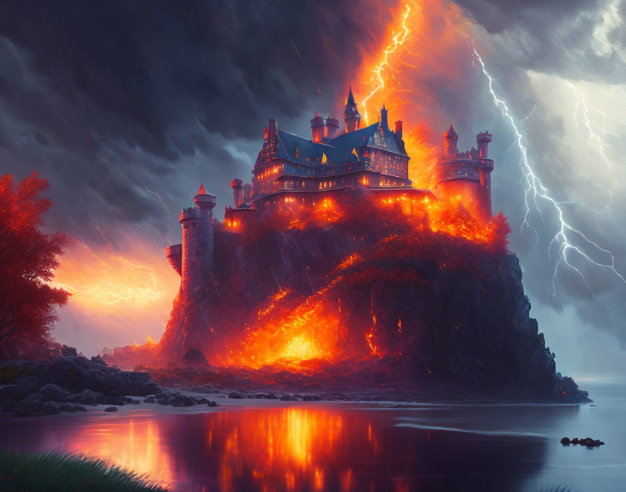 Gothic castle on volcanic cliff with lava flows under stormy sky